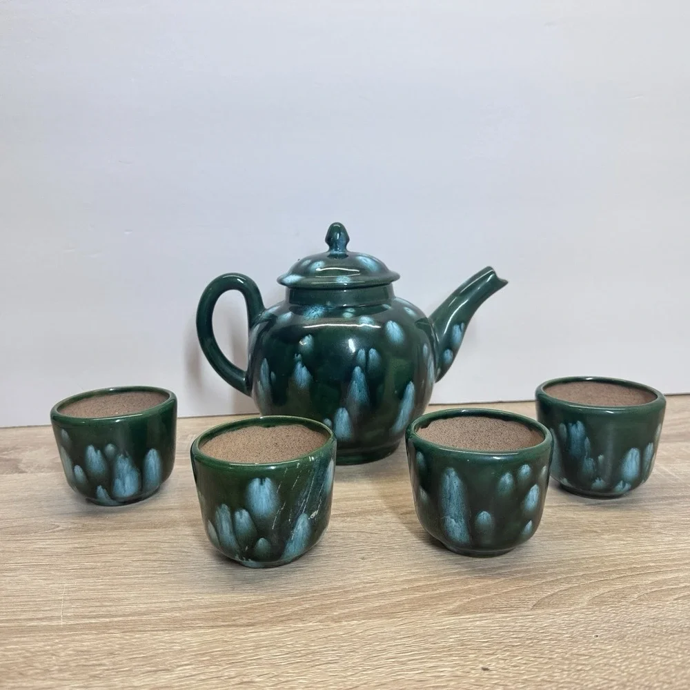 The Arkansas Stoneware Co Teapot Cup Set Green‎ Drip Glaze Studio Pottery